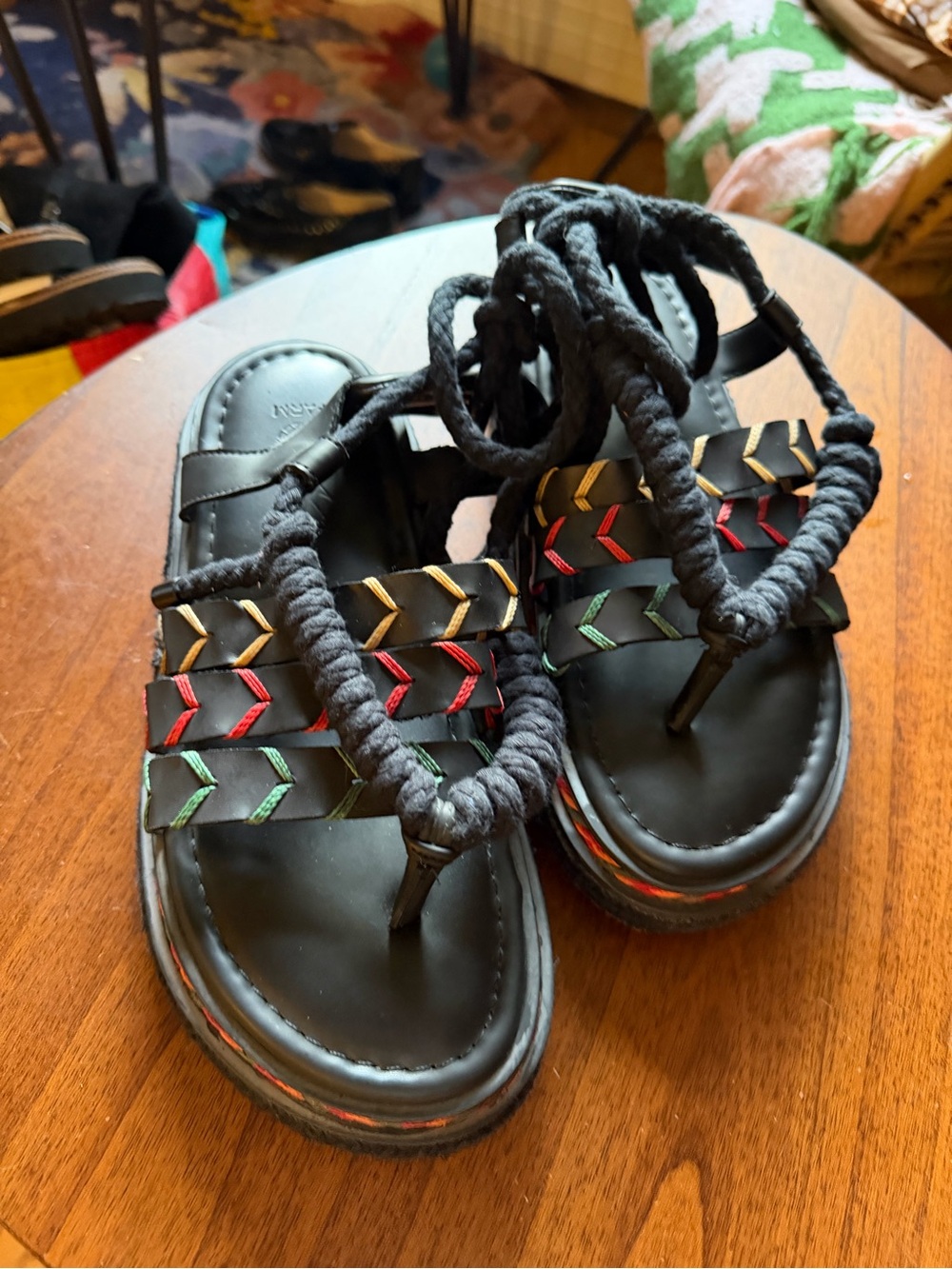 FARM Rio Black Rope Lace Sandals with Multicolor Stitching